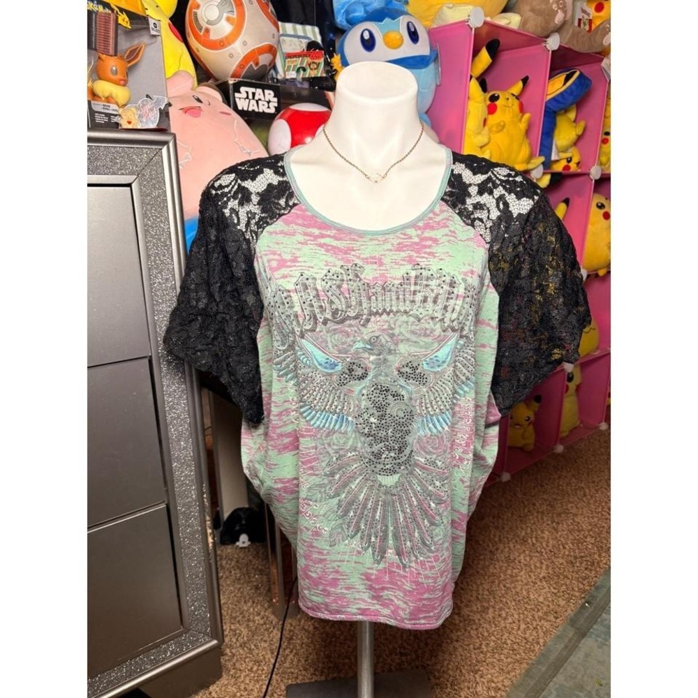 Y2K Crash and Burn Eagle Graphic Rhinestone Lace Sleeve Tee Shirt S #2